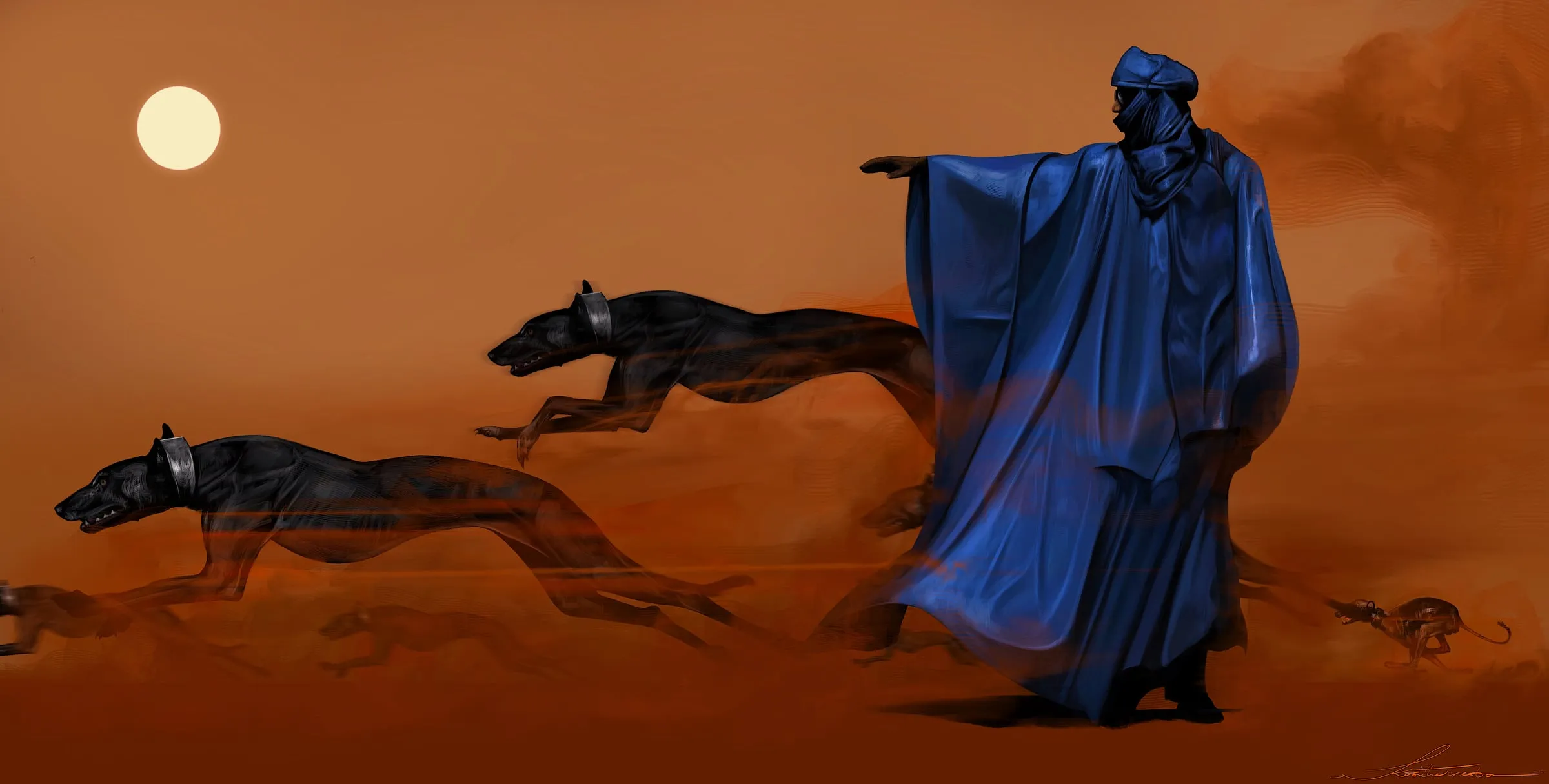 Standing robed figure in blue with arms outstretched, two dark leaping hounds below, orange sky and pale sun behind