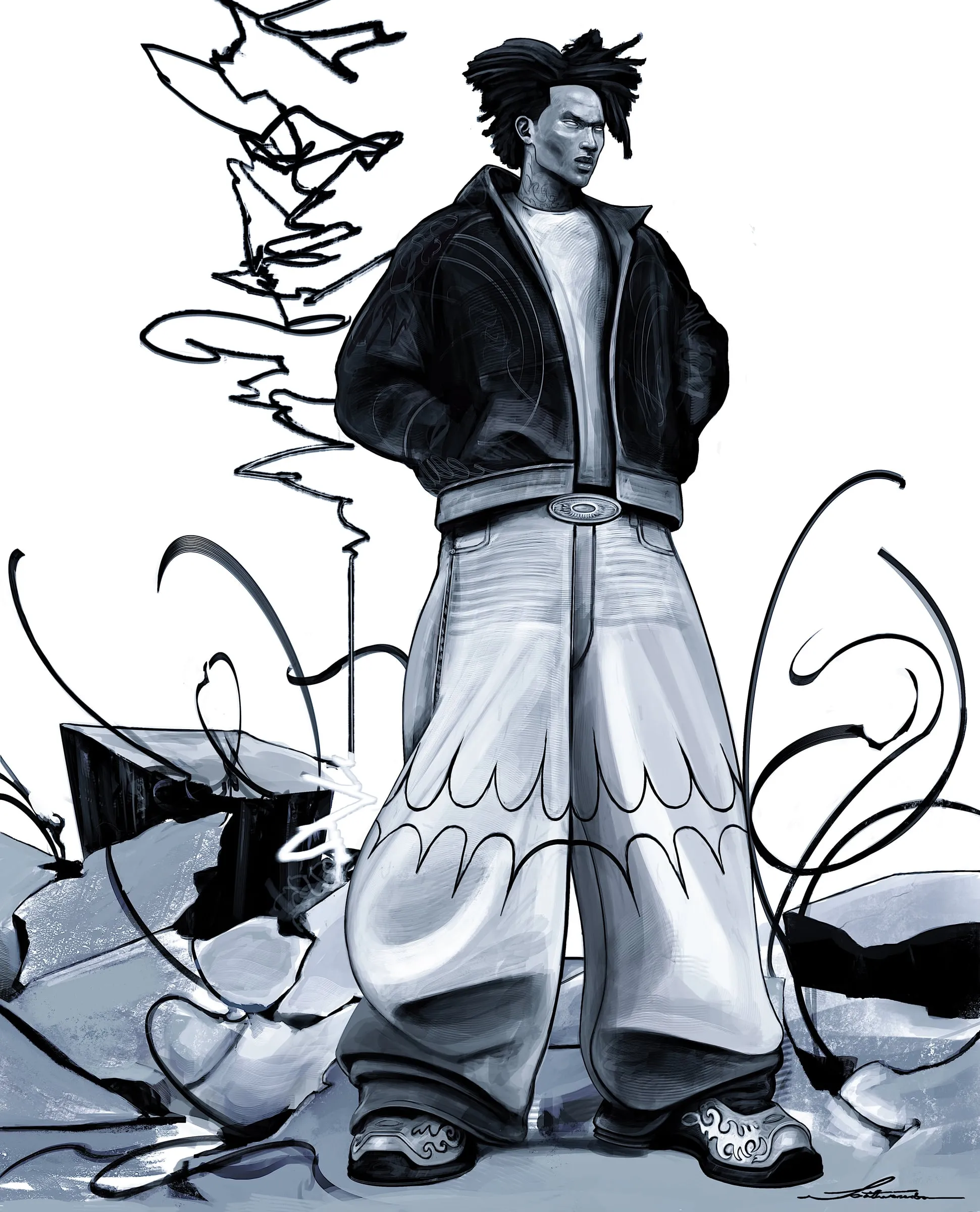 A figure in a black jacket and very wide white trousers standing amid broken greyscale debris, scribbled line rising around them