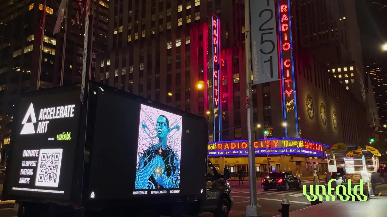 Endless Night on a mobile LED billboard mounted on the back of a truck at night, parked on Sixth Avenue beside the lit Radio City Music Hall marquee. The screen carries the painting above a QR code, with traffic and pedestrians crossing the street.