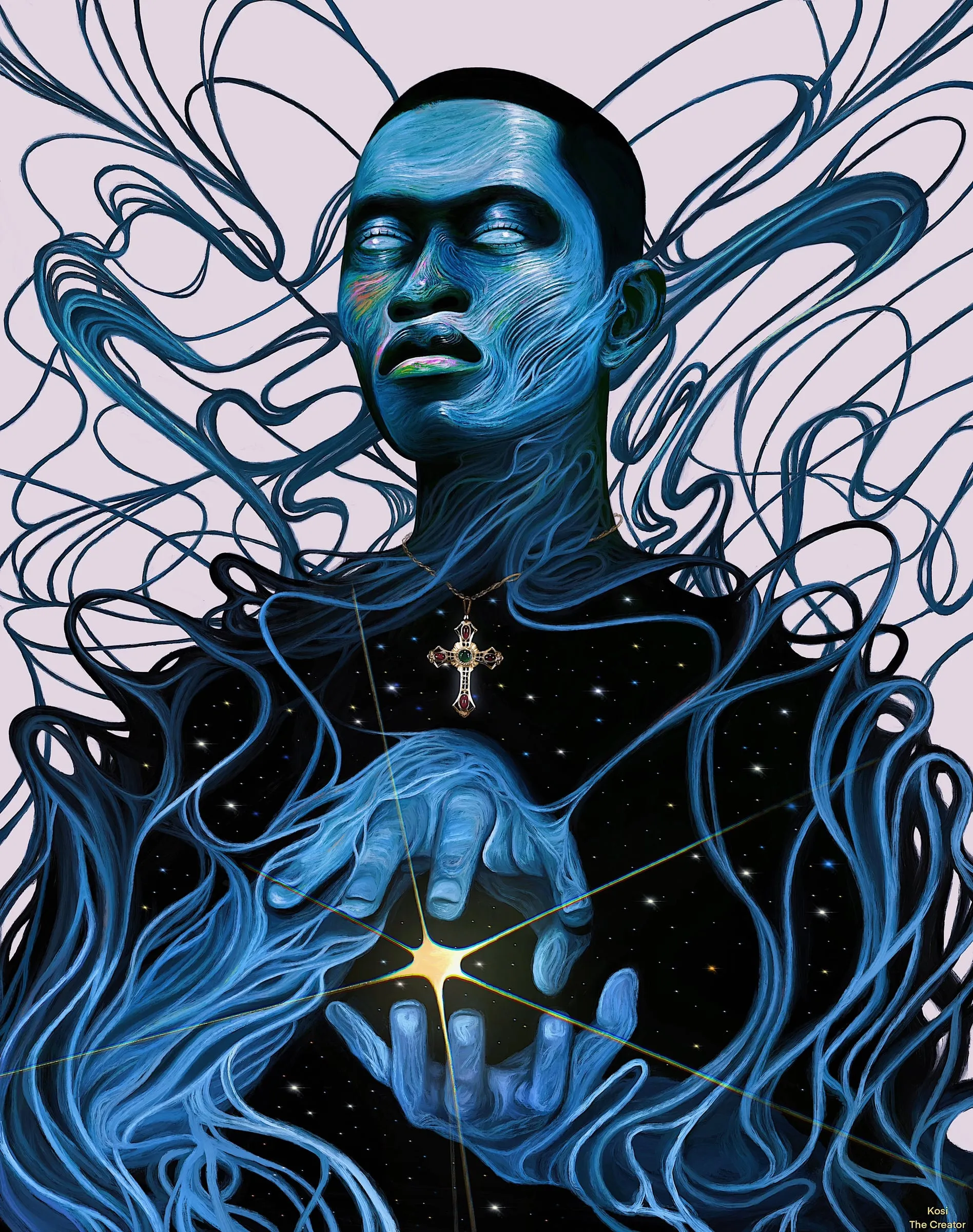 A blue figure with head tilted back, ribbons of blue line streaming outward, a small cross at the throat, a starfield opening across the chest and a lit star held between cupped hands