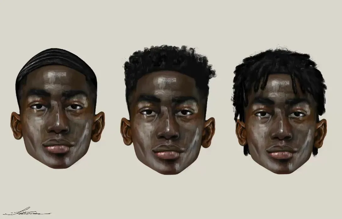 The last frame of the Faces time-lapse: the three finished heads on their cream ground
