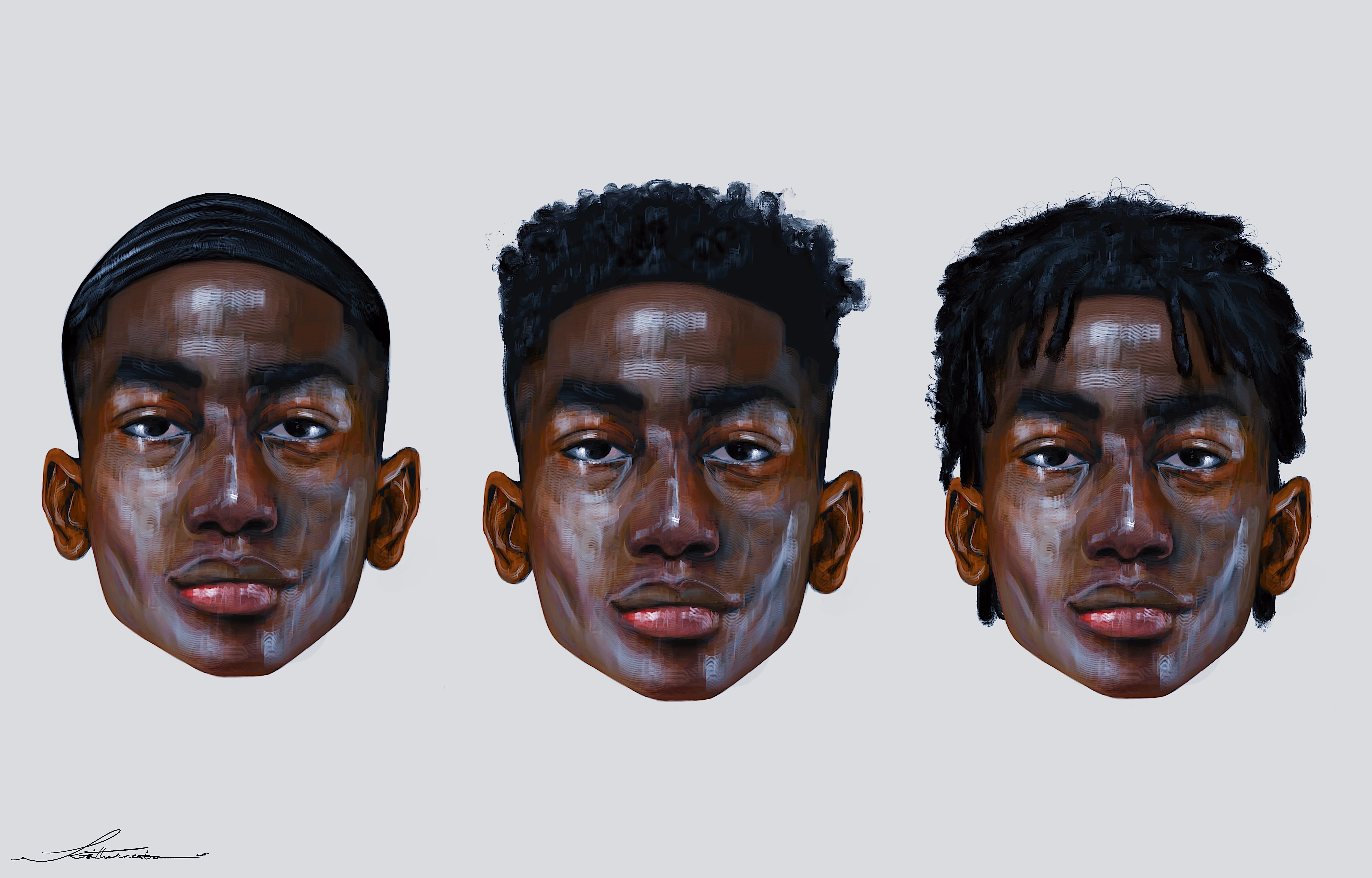 Three painted heads of the same young man on a grey ground, differing only in his hair: pressed flat, a full afro, and locs