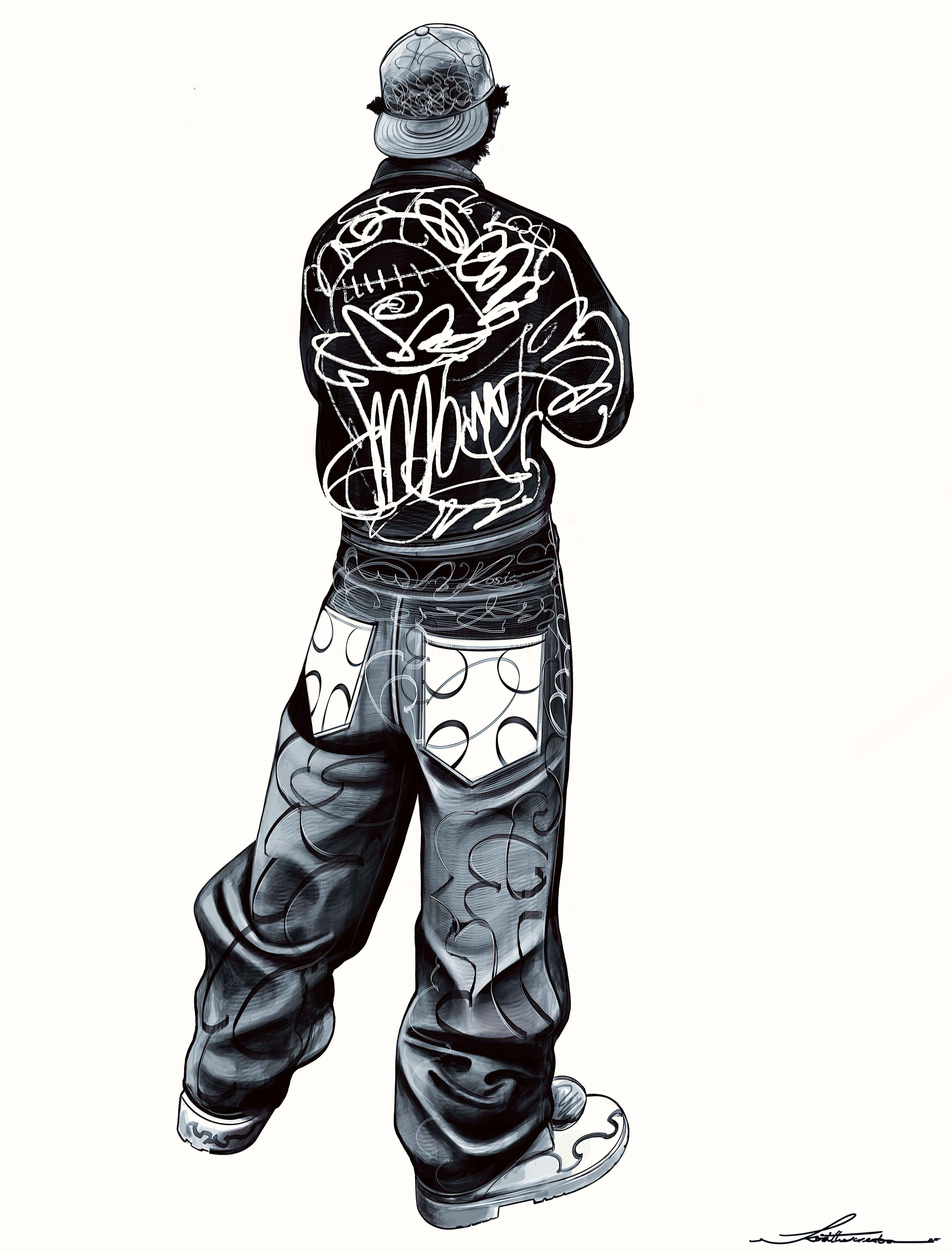 The same figure from directly behind in a peaked cap, the jacket back filled with a single looping white line that resolves into a face, over wide printed trousers