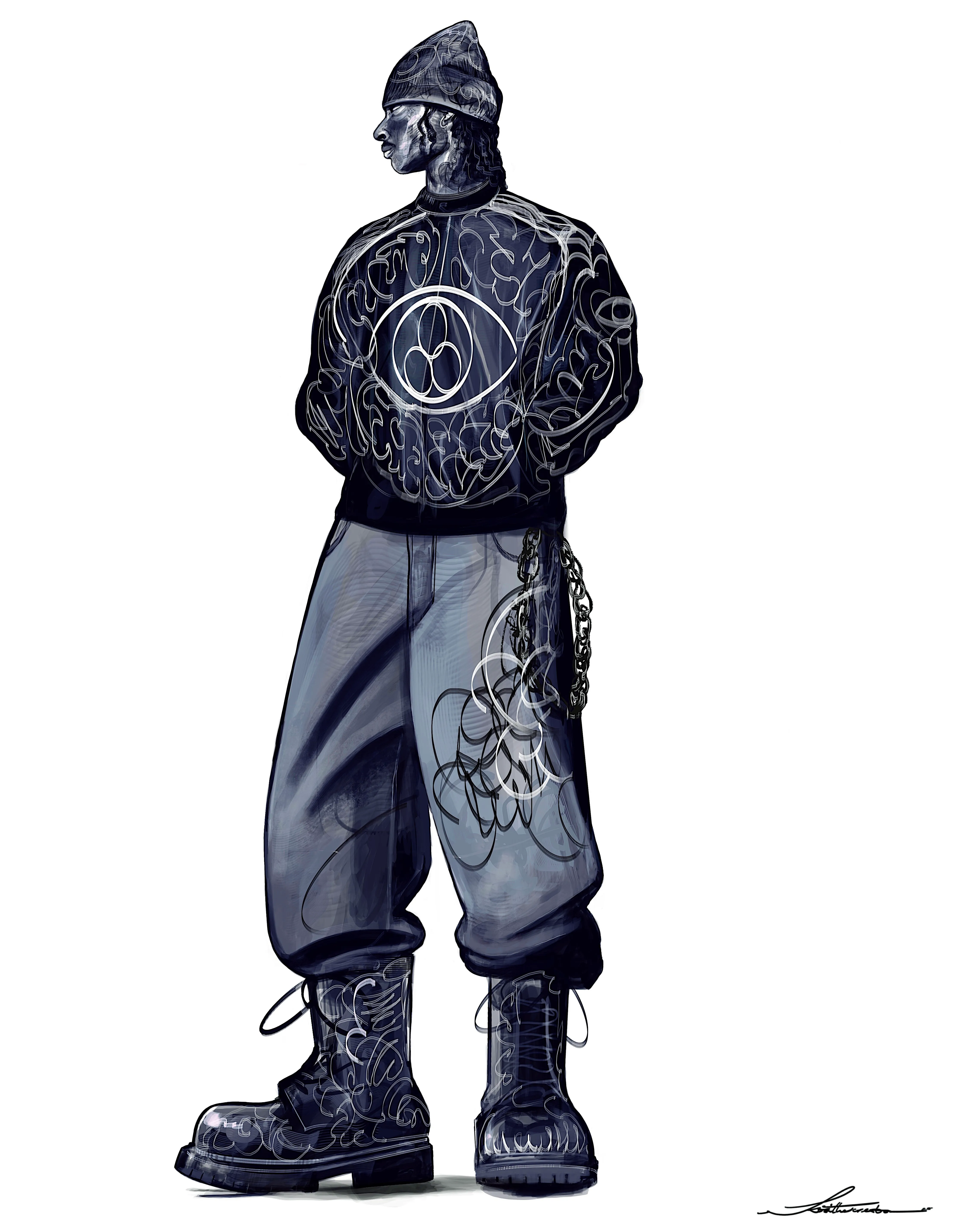 A figure seen from the front in a beanie and bomber jacket, an eye drawn in white line at the centre of the chest, with a waist chain and heavy laced boots