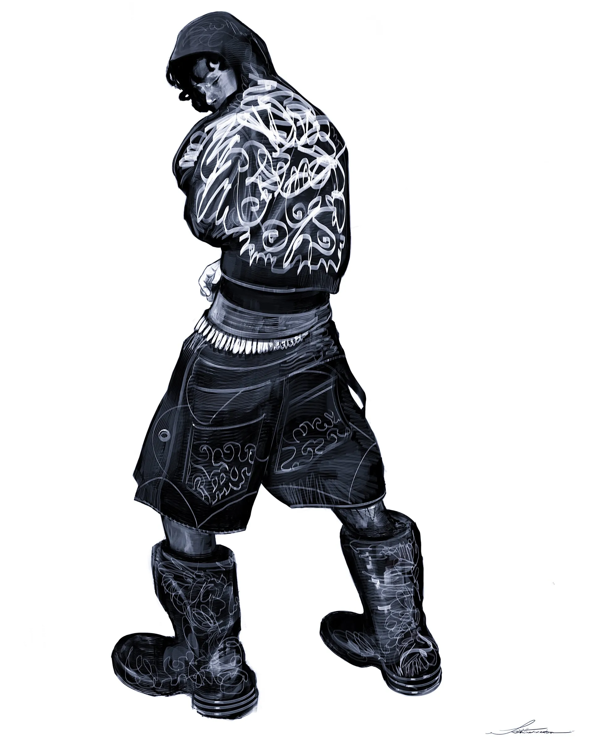 A hooded figure seen from behind, head turned, wearing a cropped jacket covered in looping white line over wide shorts and tall boots, drawn in greyscale on white