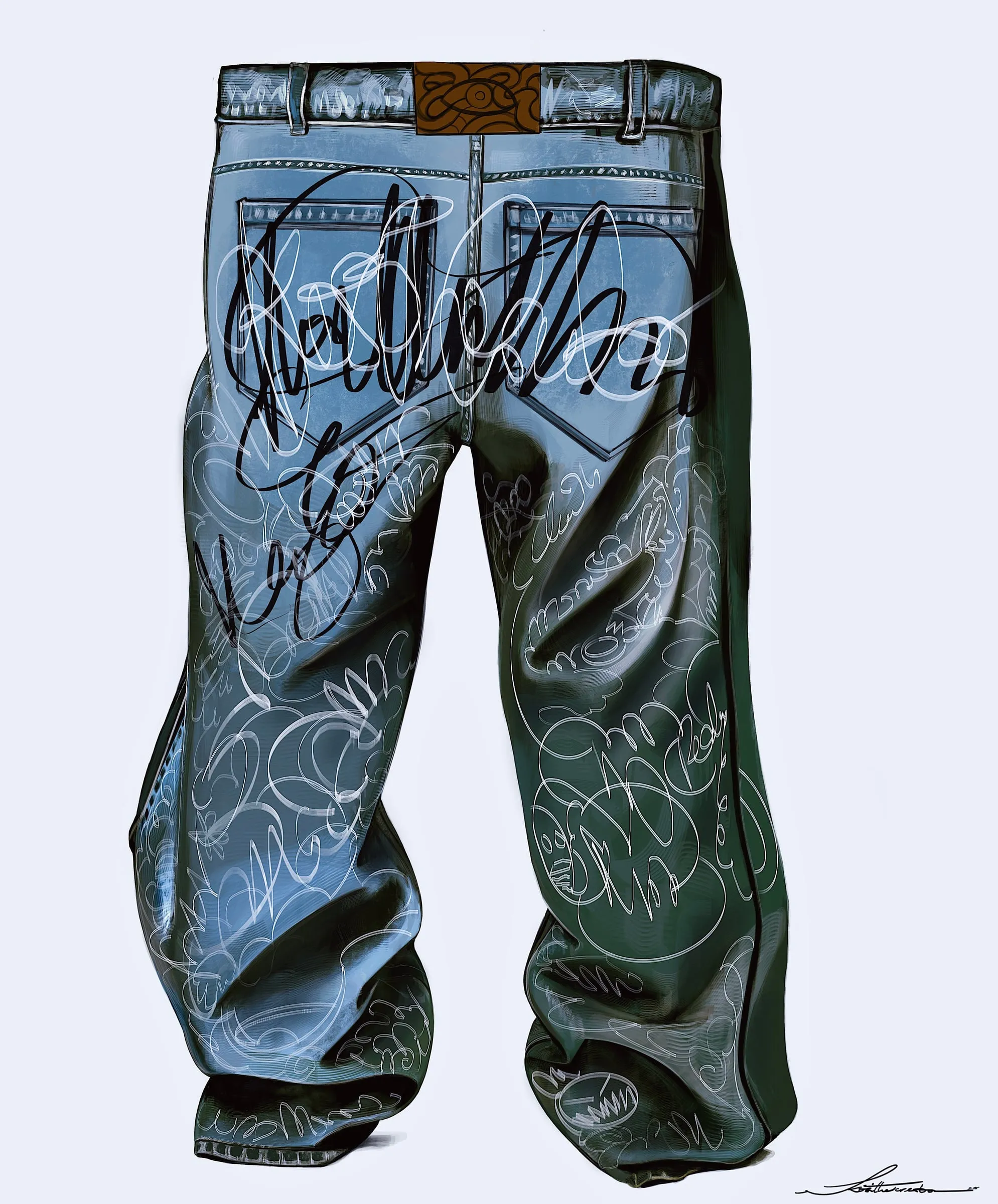 The same jeans from behind, a signature scrawled in black across the seat, the looping white line continuing down both legs, an ochre buckle carrying the eye