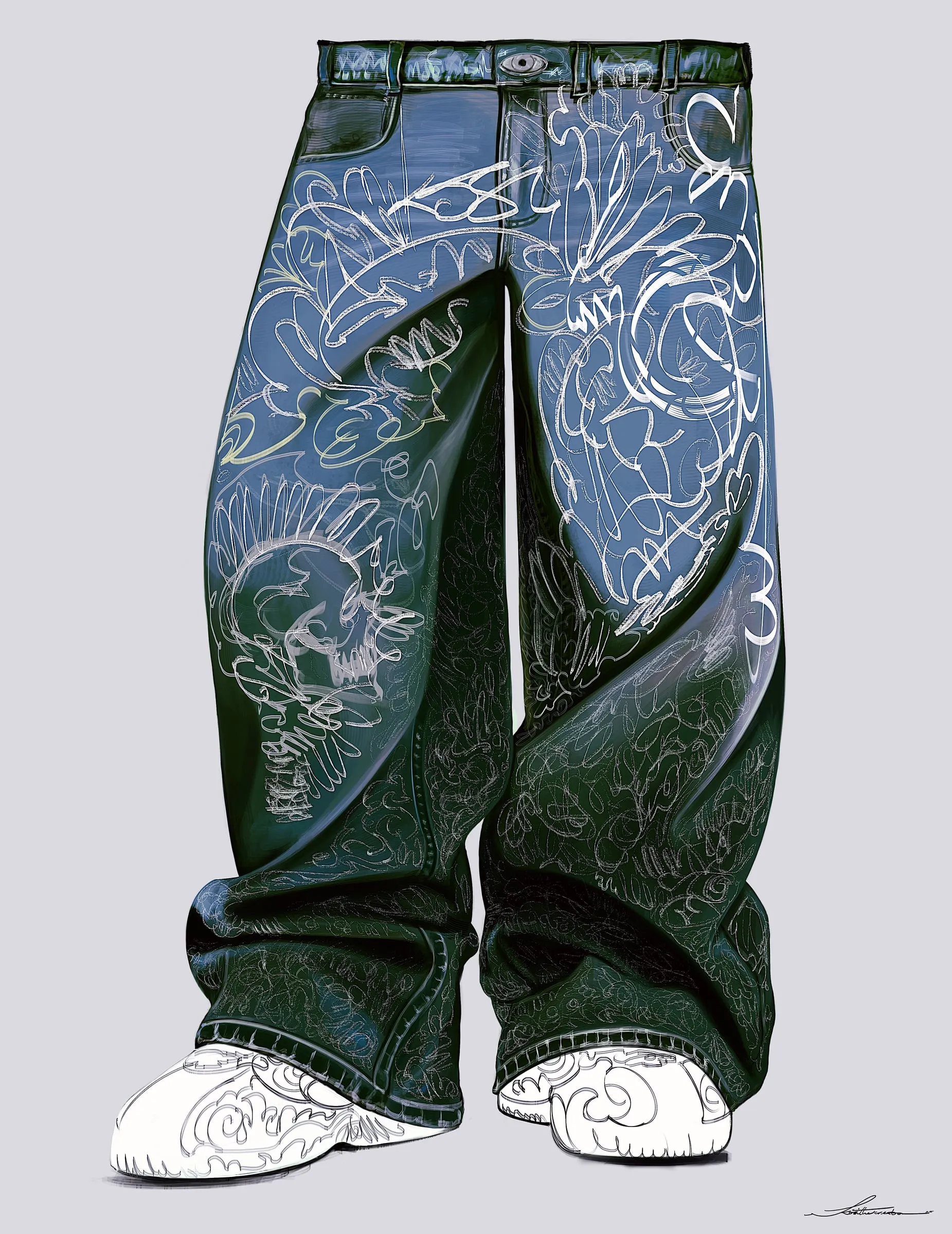 Baggy jeans seen from the front, fading from washed blue at the hip to deep green at the hem, covered in looping white scribbled line, with an eye set into the belt buckle and sculpted white boots beneath