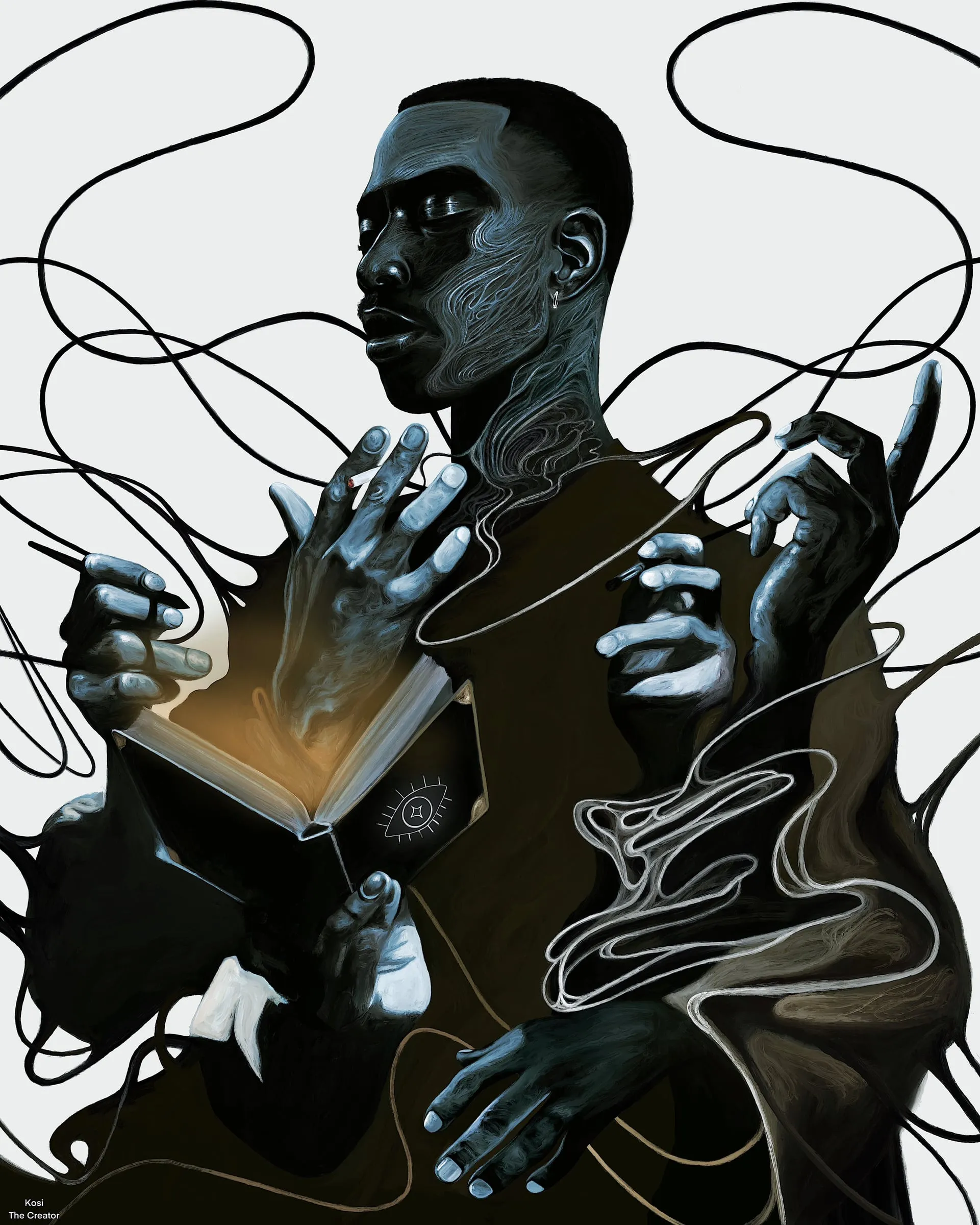 A figure in a heavy brown coat reading a lit book, drawn with four arms, loops of white line circling the head and shoulders against near black