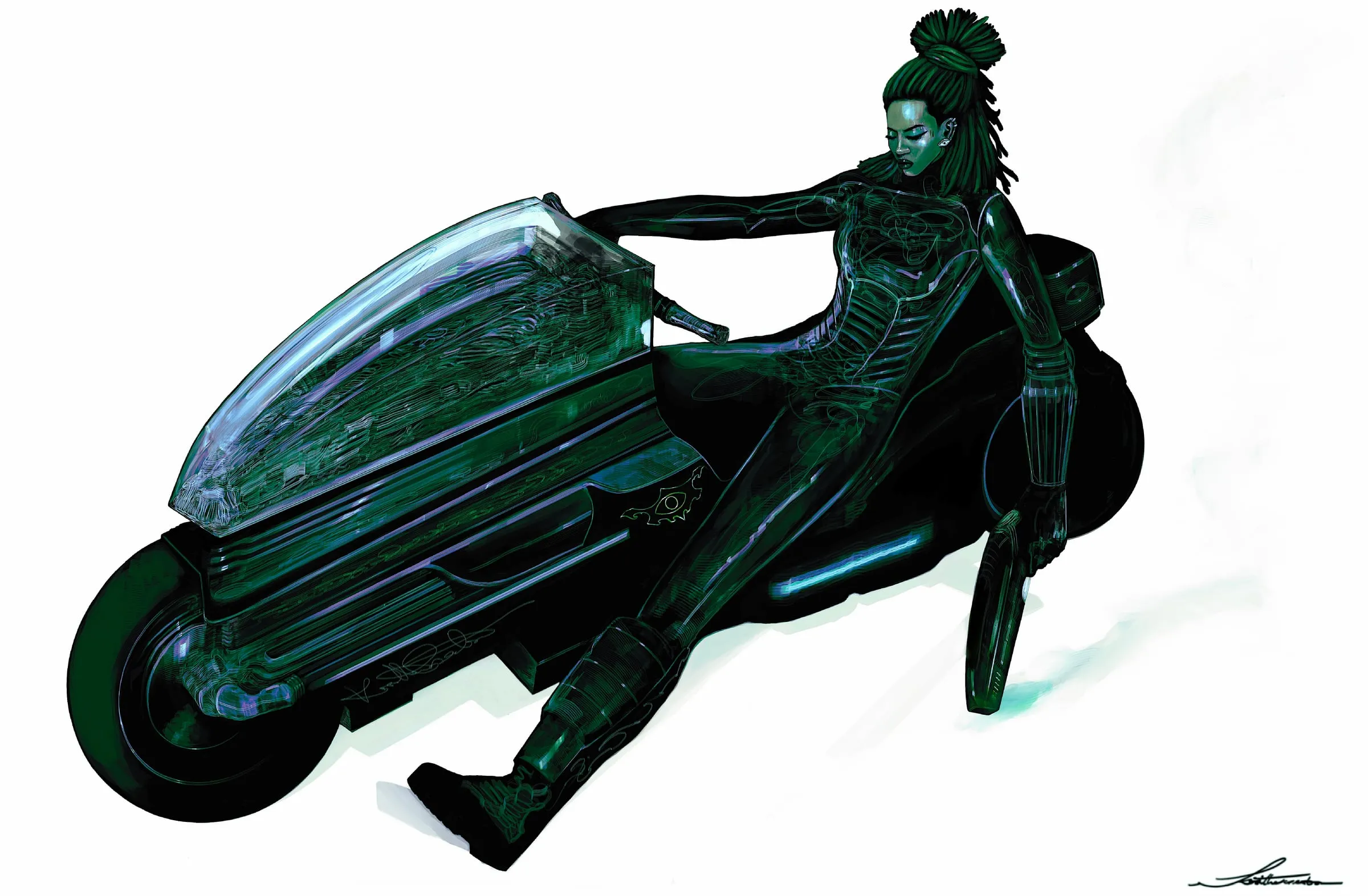 A figure with locs gathered in a high bun reclines against a long, low motorcycle with a teardrop cowling, drawn almost entirely in deep green-black on white