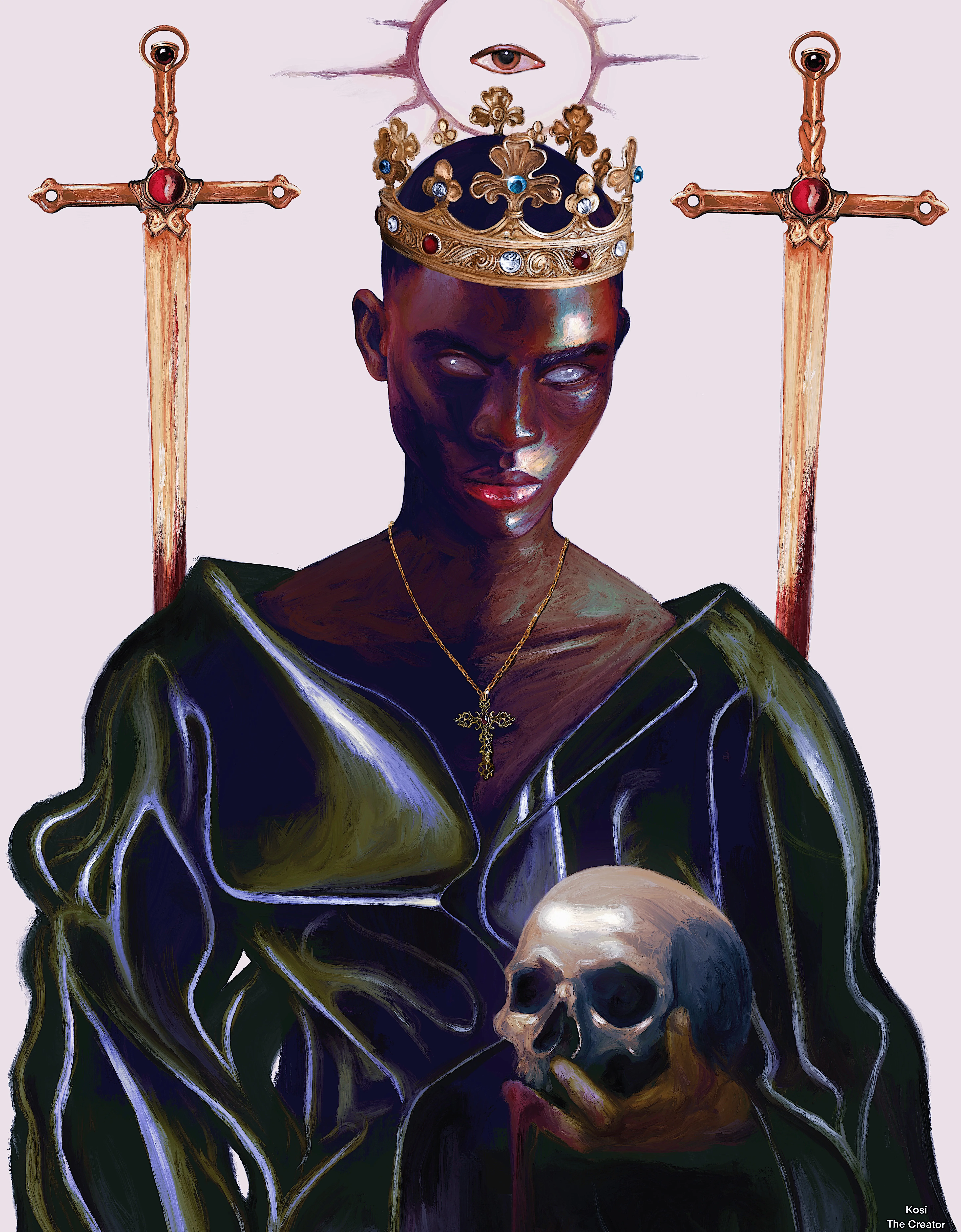 A crowned figure in a dark green robe, the eyes rolled back to white, holding a skull against the chest, flanked by two upright swords, with a radiant eye burning above the crown