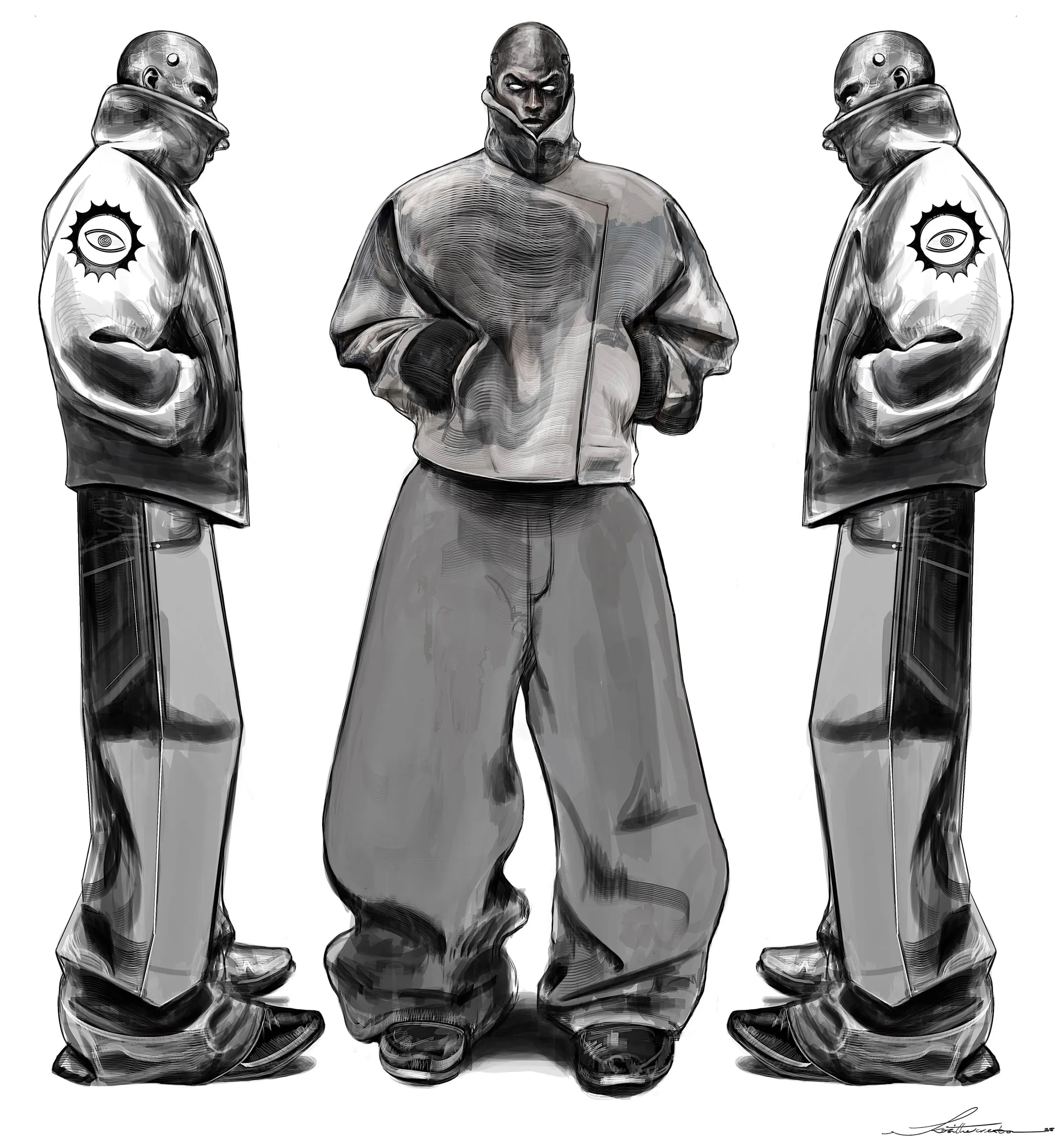 Three views of the same broad-shouldered figure in an oversized high-collared jacket and very wide trousers, two profiles flanking a frontal view, in greyscale, an eye set in a sunburst on the sleeve