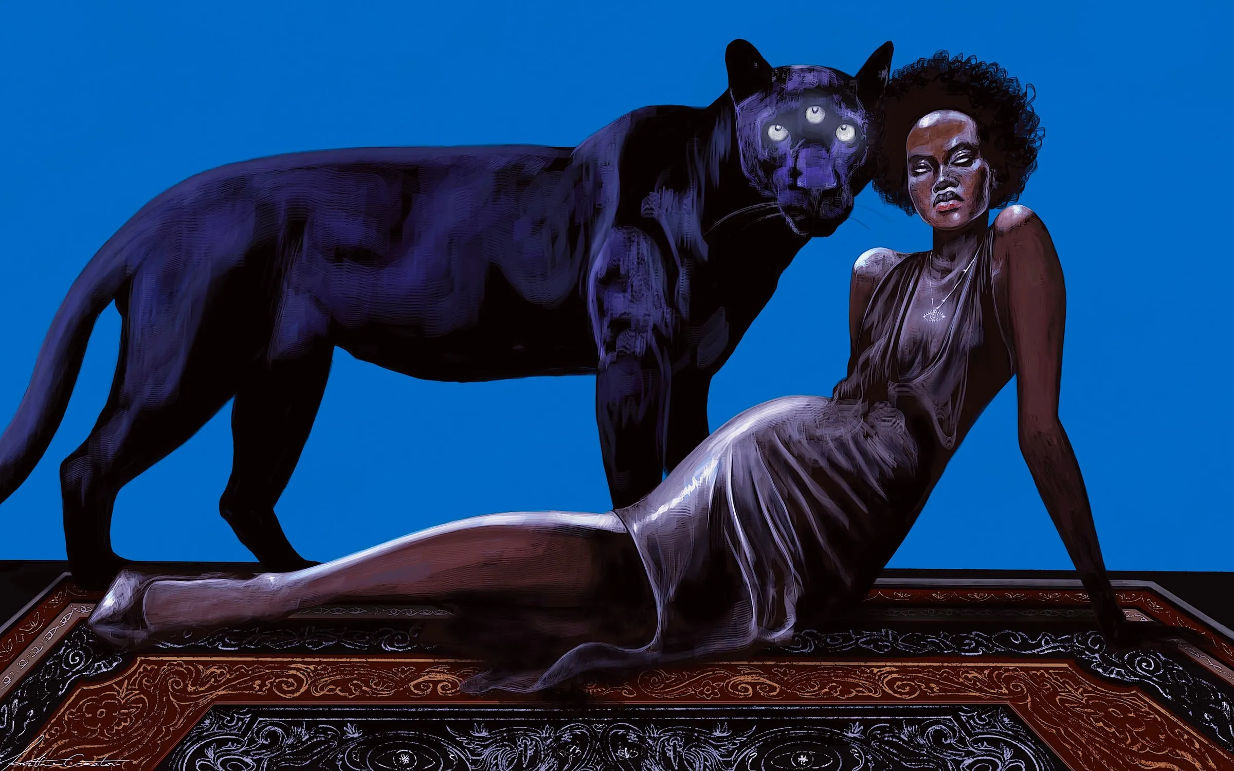 A black panther standing over a reclining figure on a patterned rug against flat blue