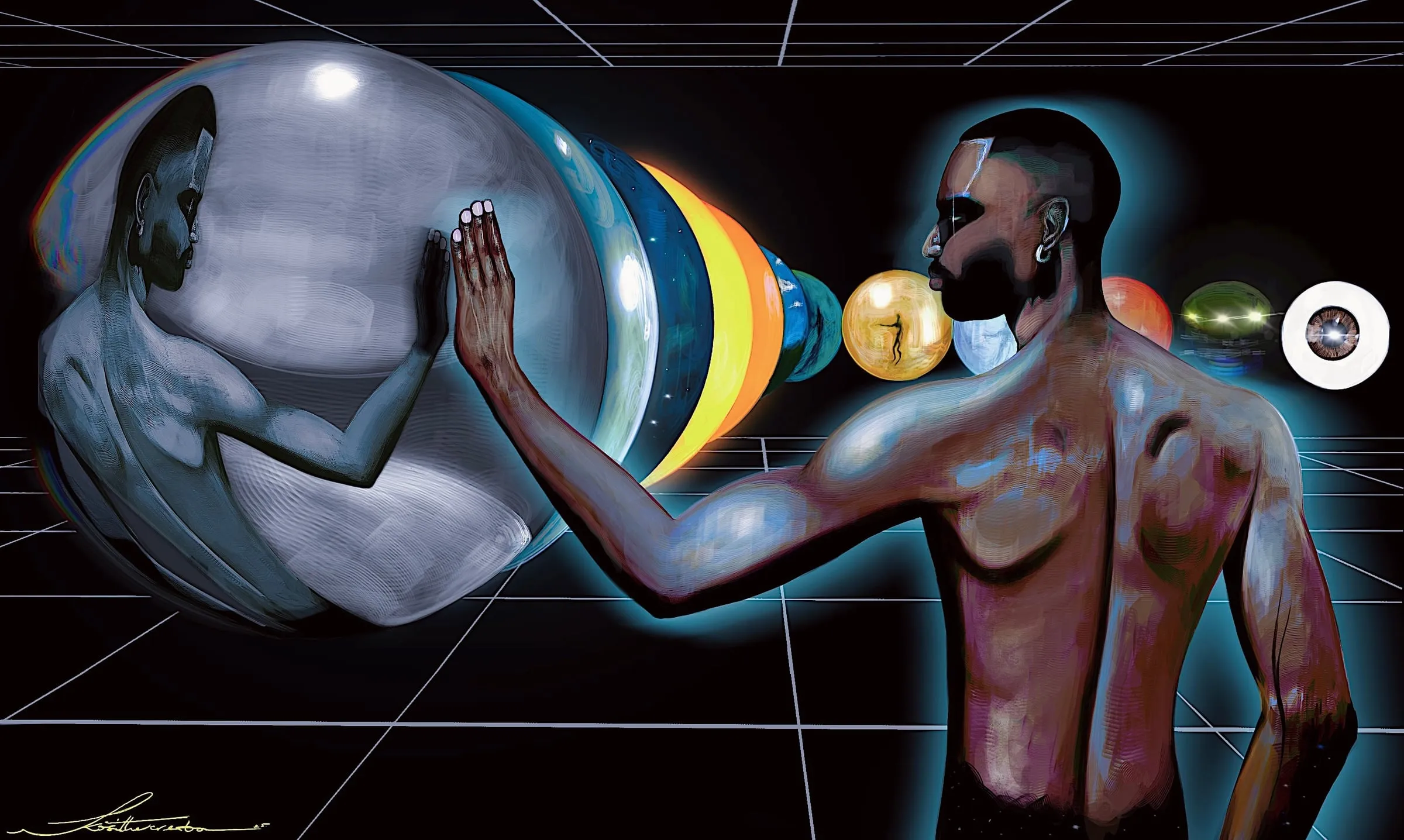 The companion image on the same canvas, the spheres receding across a dark grid with the figure seen from behind