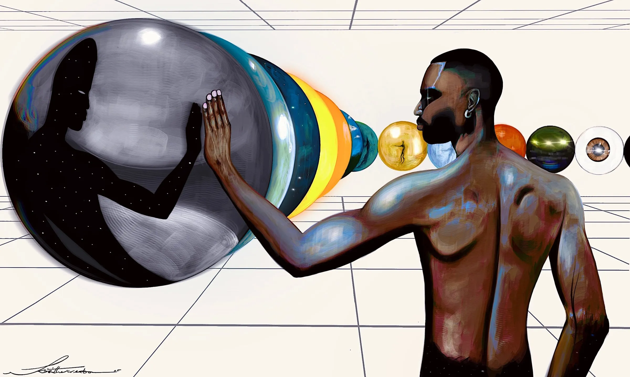 A figure reaching palm to palm with a silhouetted figure sealed inside a large sphere, nested planetary spheres receding behind