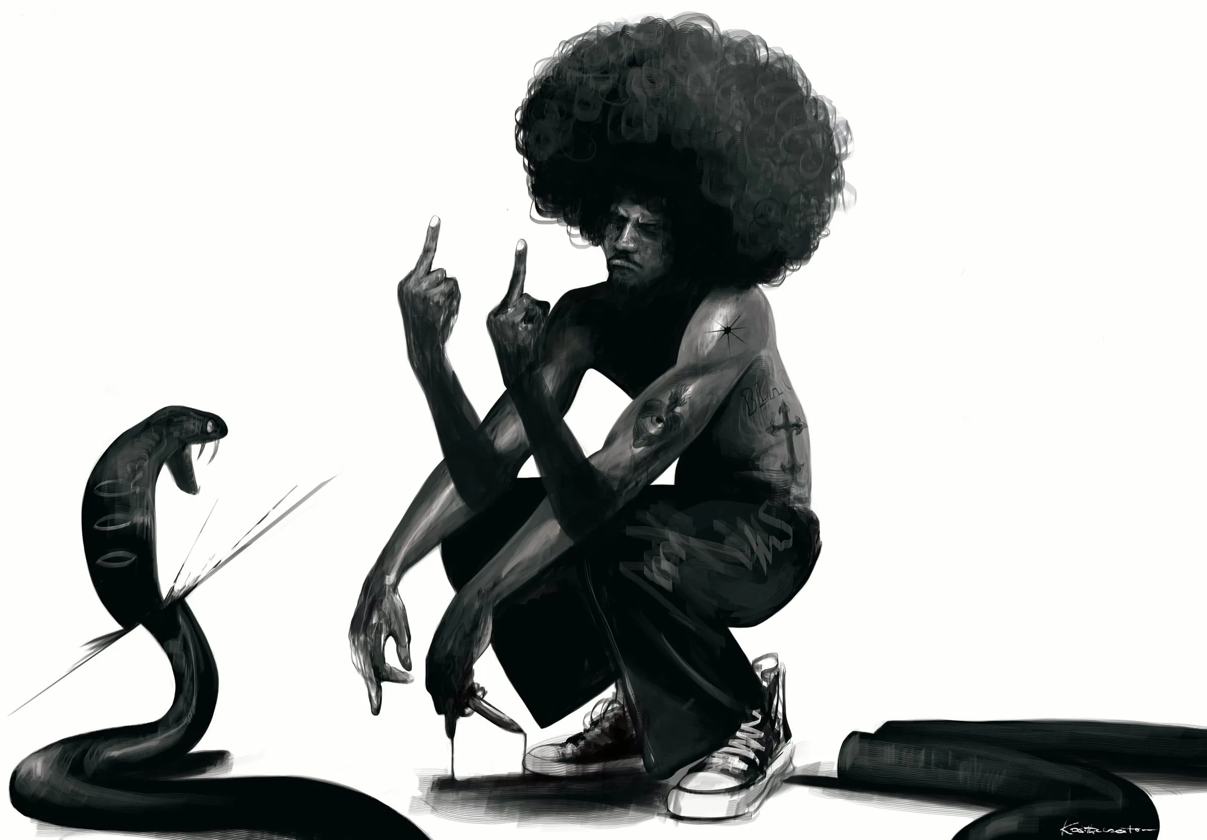 A crouching figure with a large afro, both middle fingers raised, a cobra rearing to the left and a snake coiled at the feet, in greyscale on white