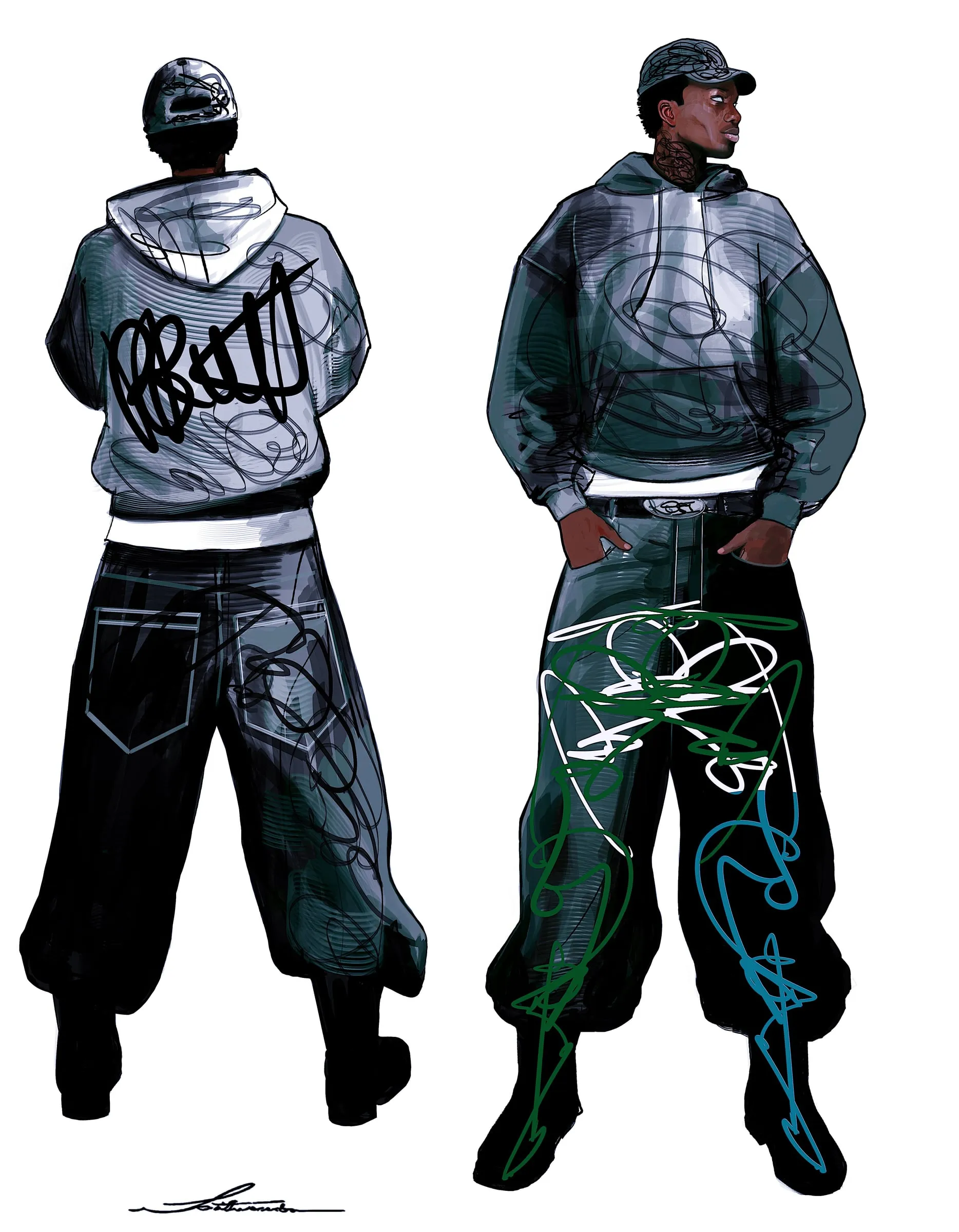 Two views of a figure in an embroidered teal jacket and wide printed trousers, front and back, covered in looping white line