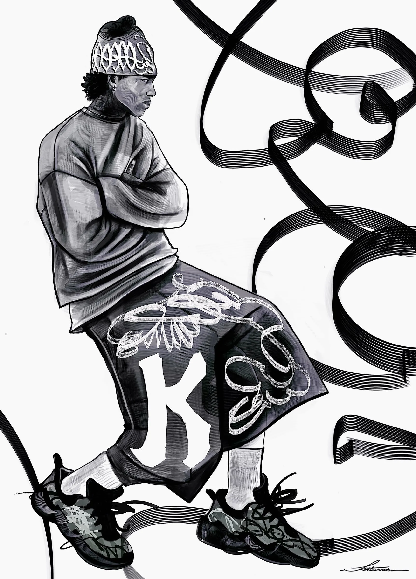 A figure seated on a plinth of drawn ribbon in a hooded sweatshirt and wide printed shorts, in greyscale