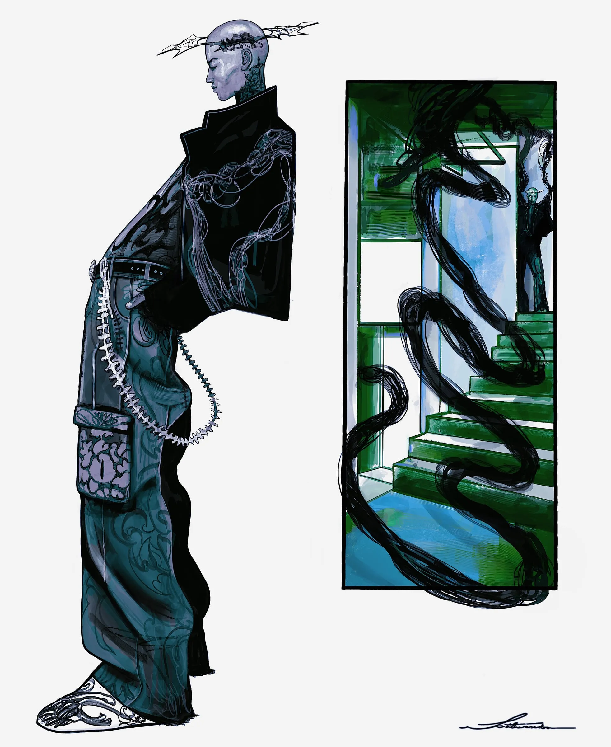 A figure in a high collared coat beside a green framed panel, black ribbon of line crossing both