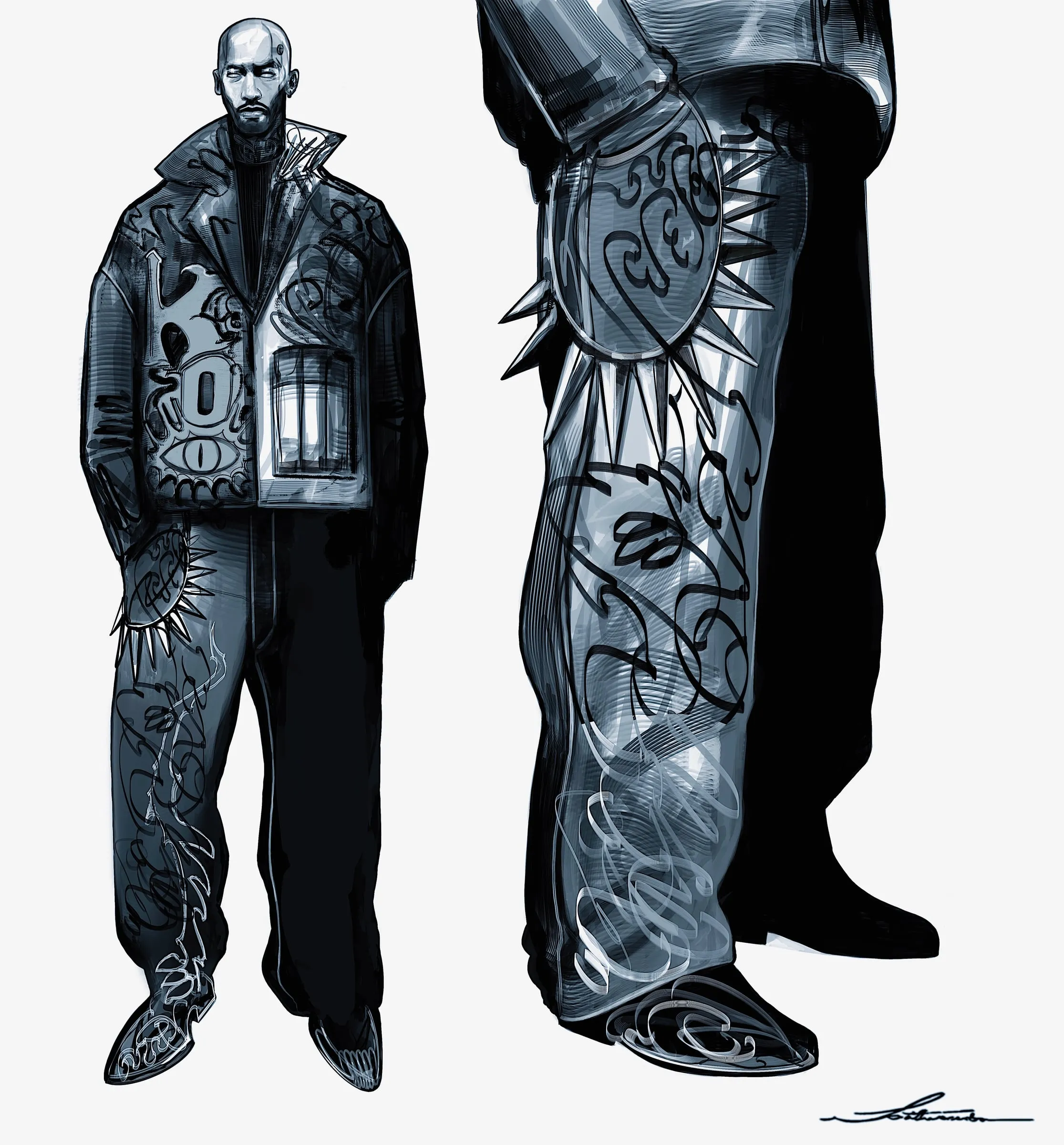 A figure in a printed jacket holding a lantern, shown beside a detail of the trouser leg