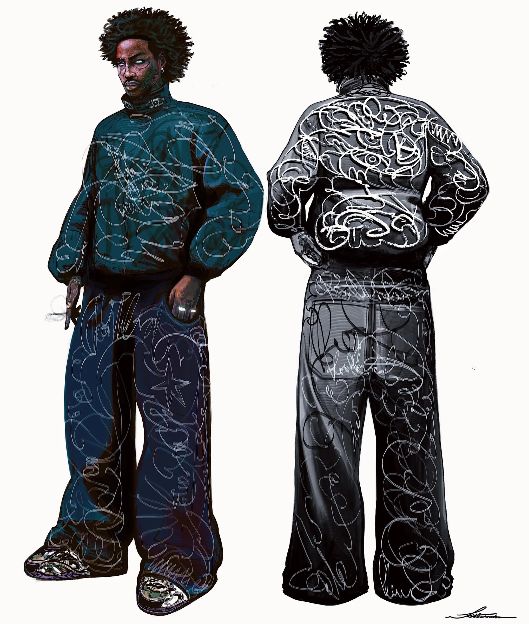 Front and back of an embroidered jacket and wide trousers, the back rendered entirely in white line