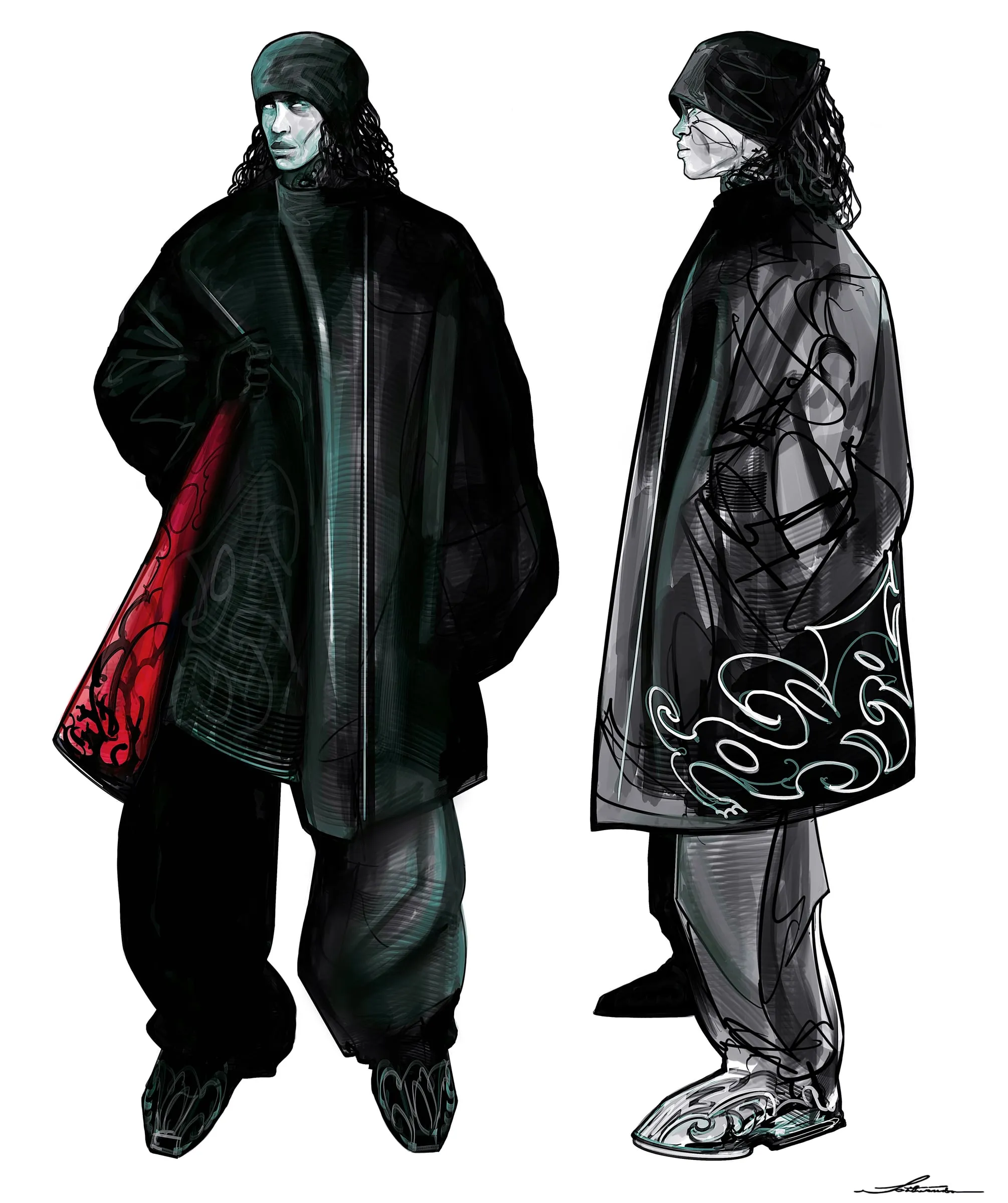 Two figures in long coats, one carrying a red bag, shown front and side