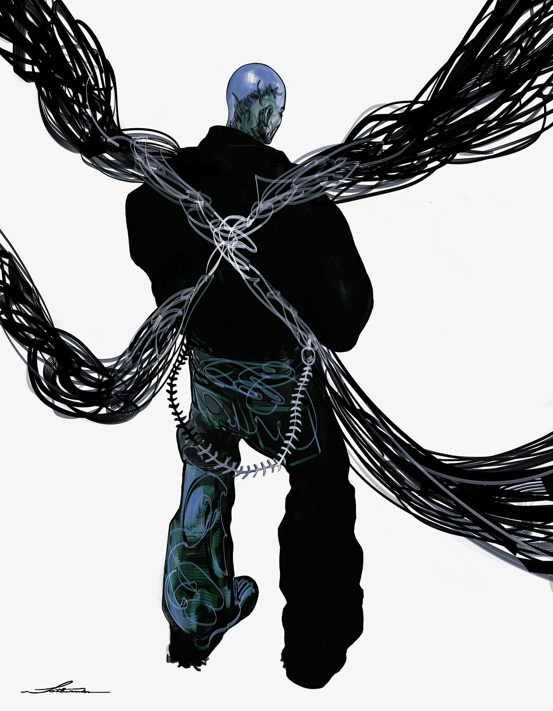 A figure seen from behind, wide black ribbons of line sweeping across the shoulders and legs