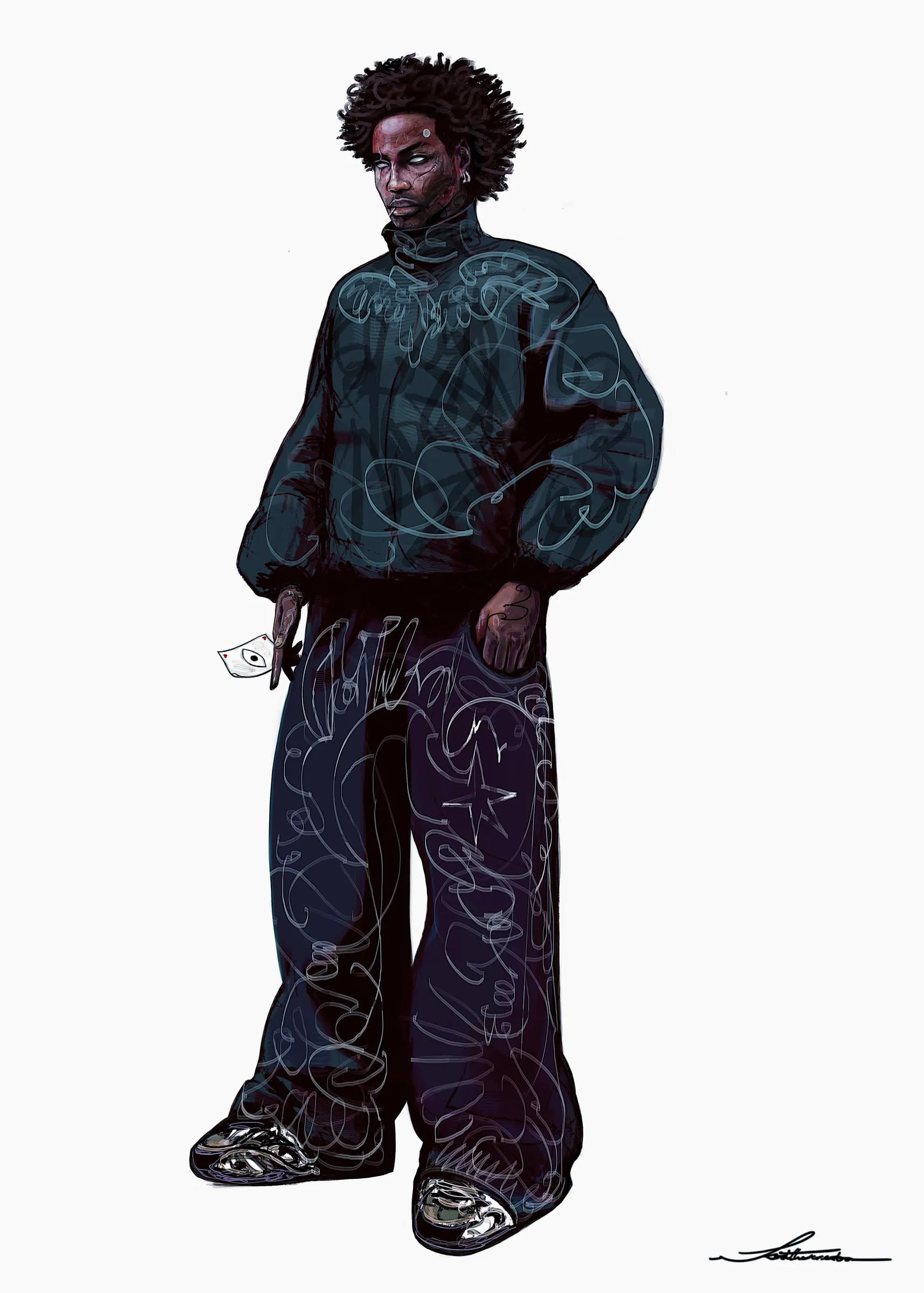 A single standing figure in a printed jacket and wide trousers in muted violet and grey