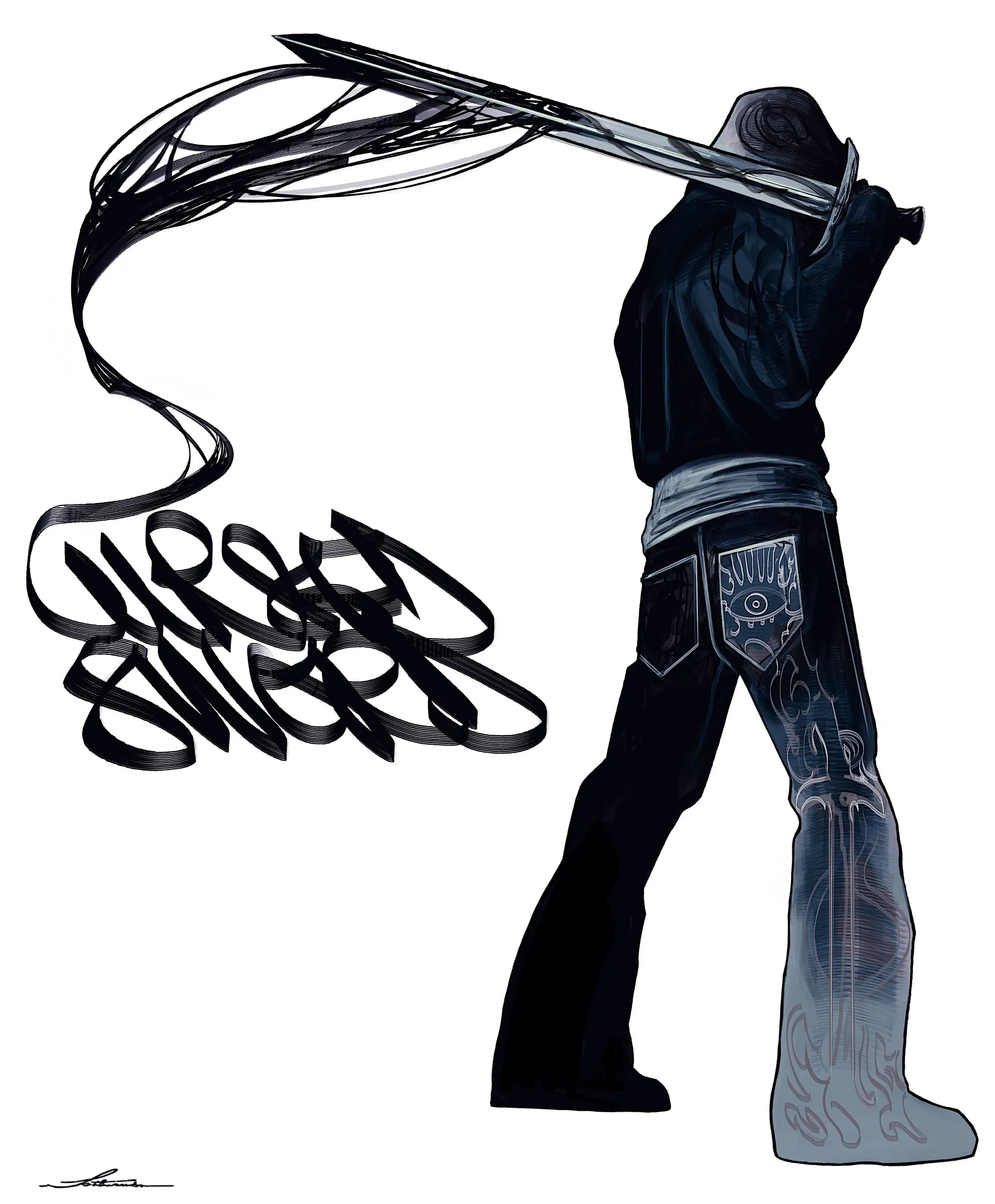 A figure swinging a long ribbon of black line that resolves into lettering