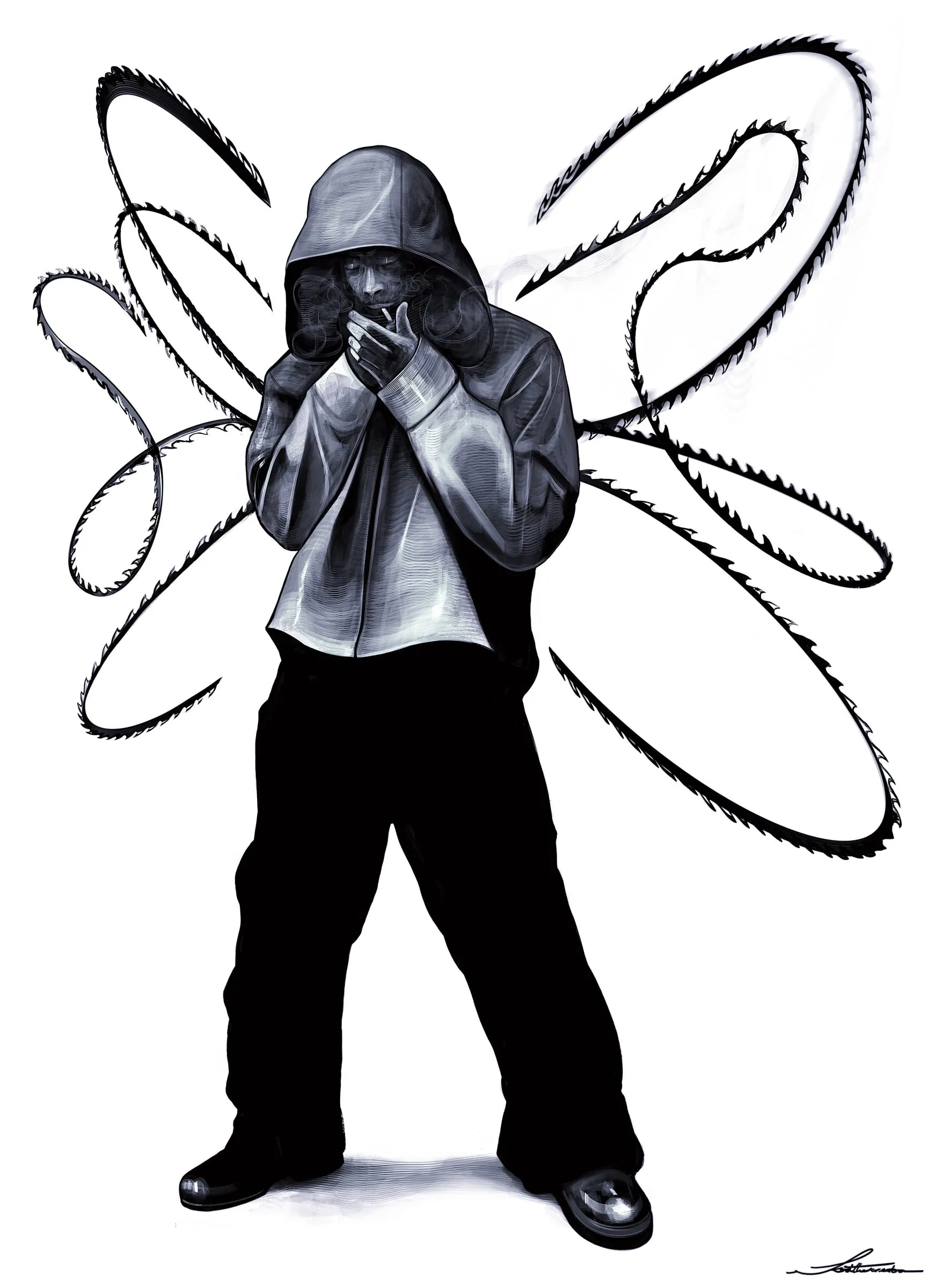 A hooded figure in a white shirt and black trousers with hands raised to the face, an enormous barbed loop of line unfurling behind them like wings, in greyscale on white