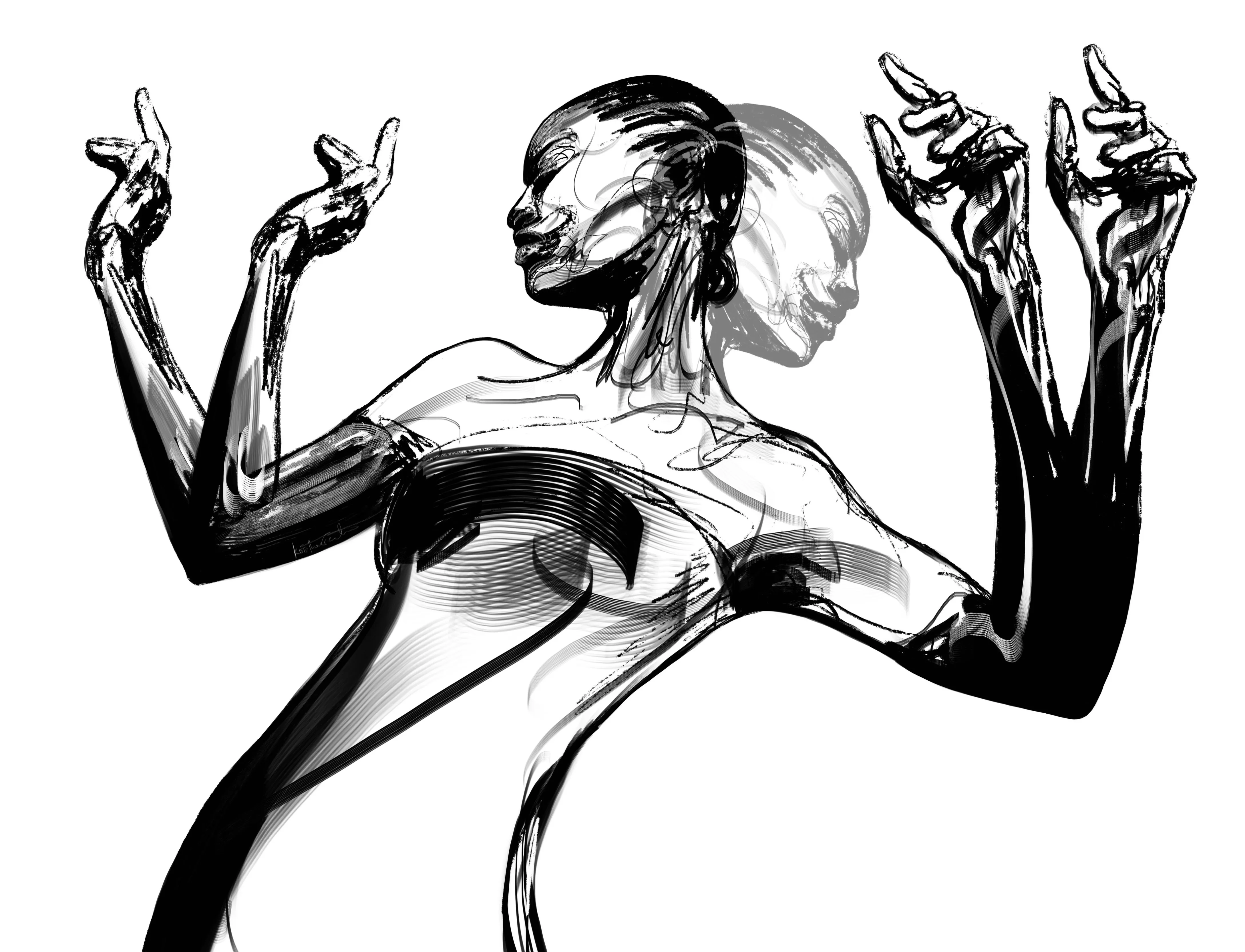 A figure with both arms raised and fingers pointing, drawn in smeared black line, the head doubled and trailing so the movement is left in the mark