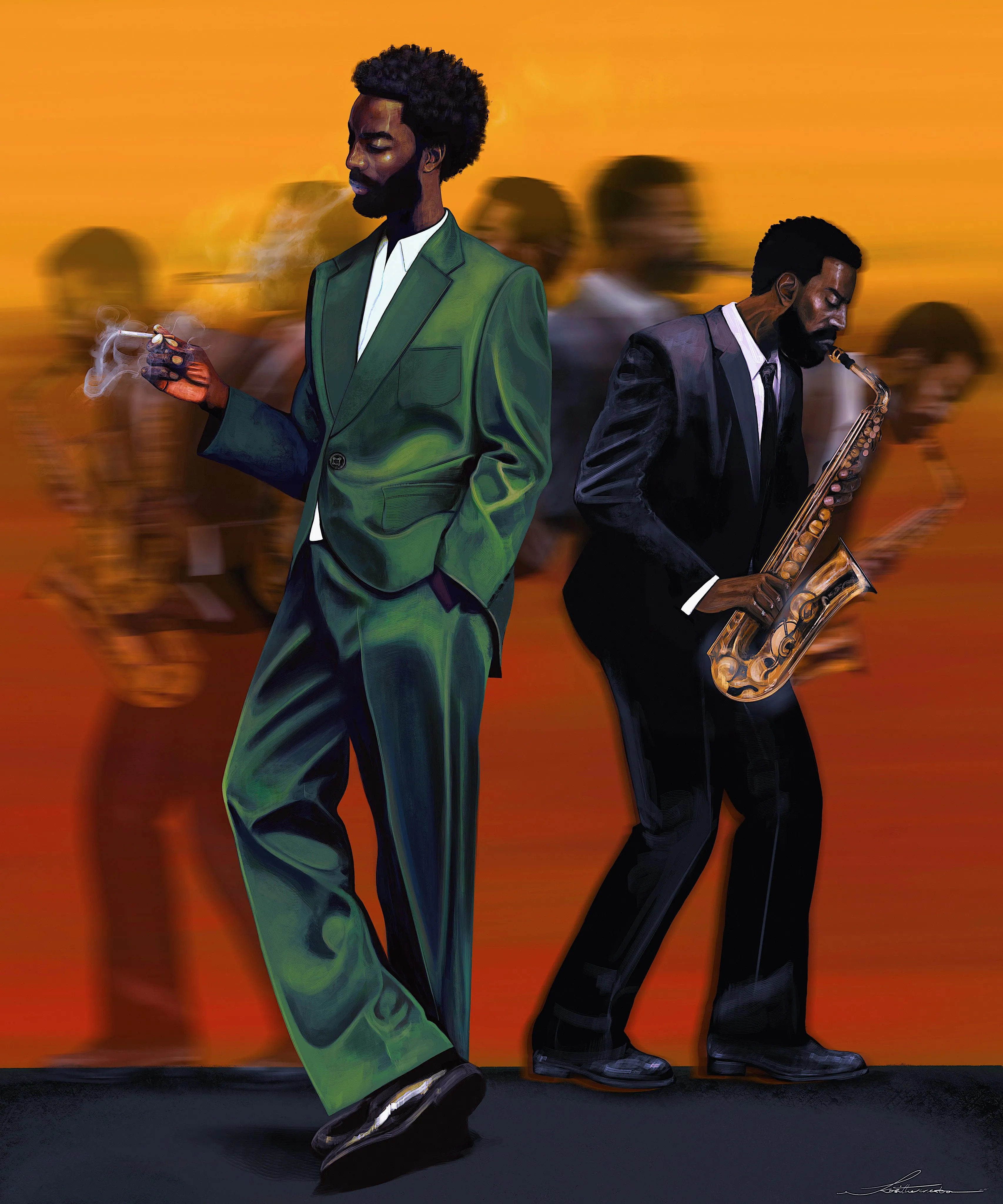 Two men against a burning orange ground: one standing in a green suit holding a cigarette, one leaning back playing a saxophone, with blurred figures of other players smeared behind them