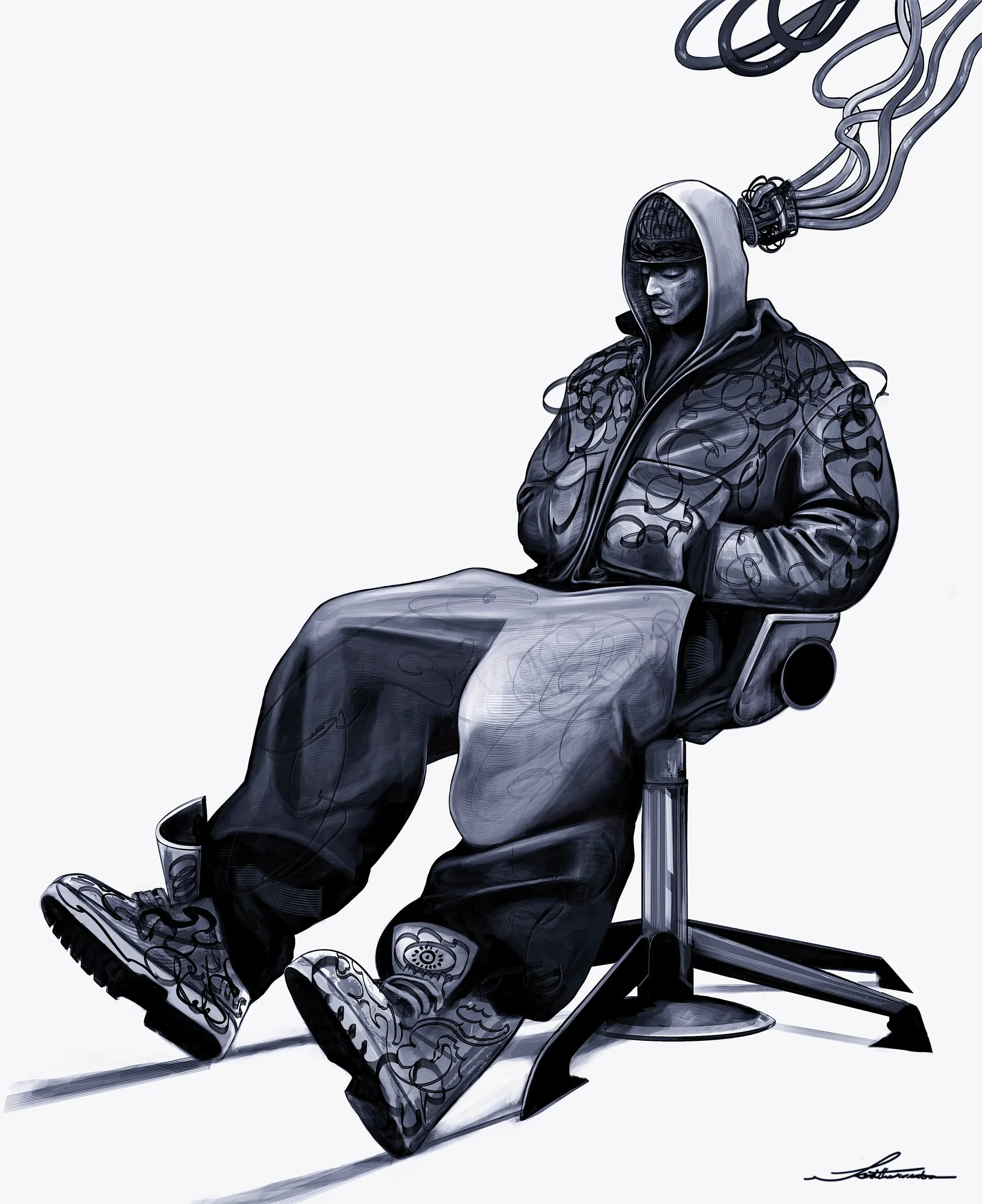 Seated figure slumped in an office chair, smoke rising from the head