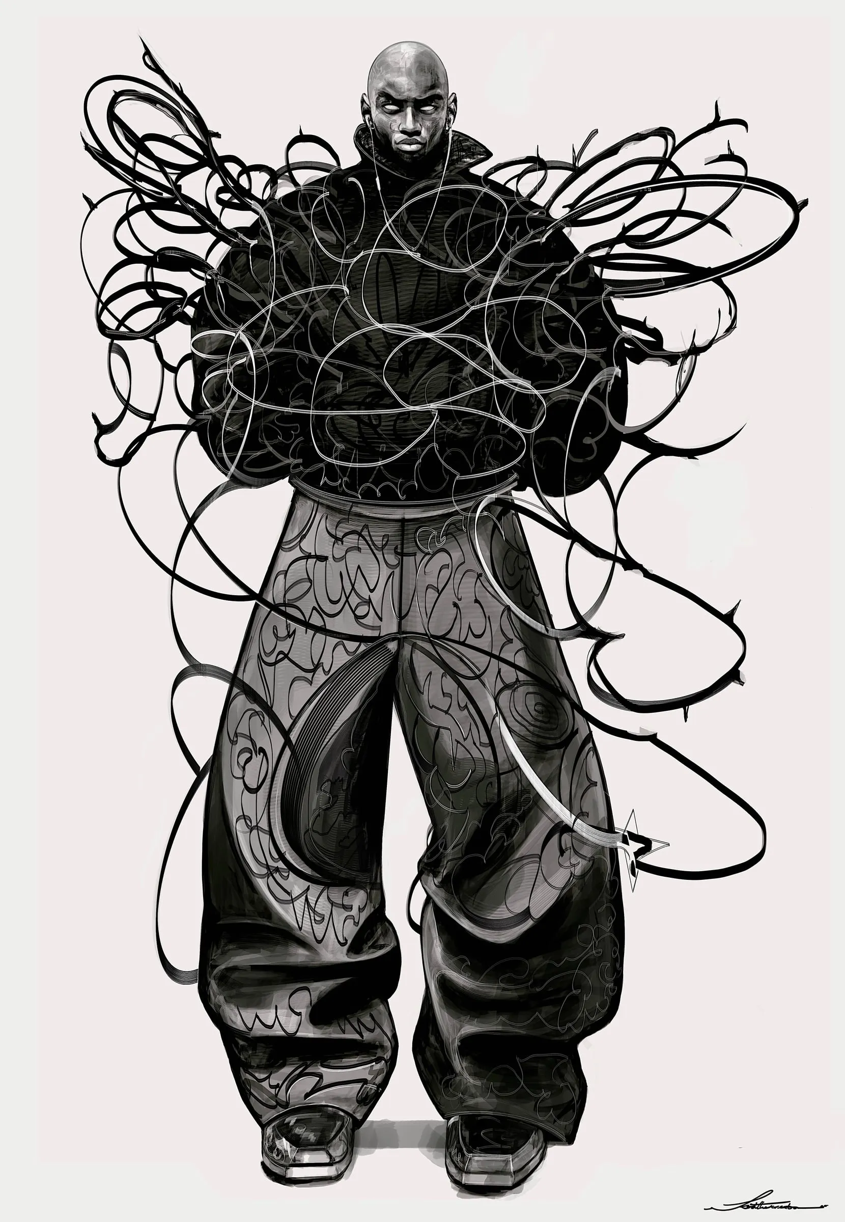 Standing figure in wide trousers wrapped in a dense tangle of drawn line